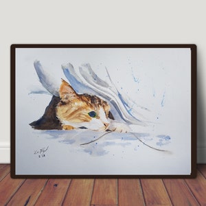 May include: Watercolor painting of a cat peeking out from under a blanket. The cat has brown, white, and orange fur and green eyes. The background is a light blue with white splatter paint.