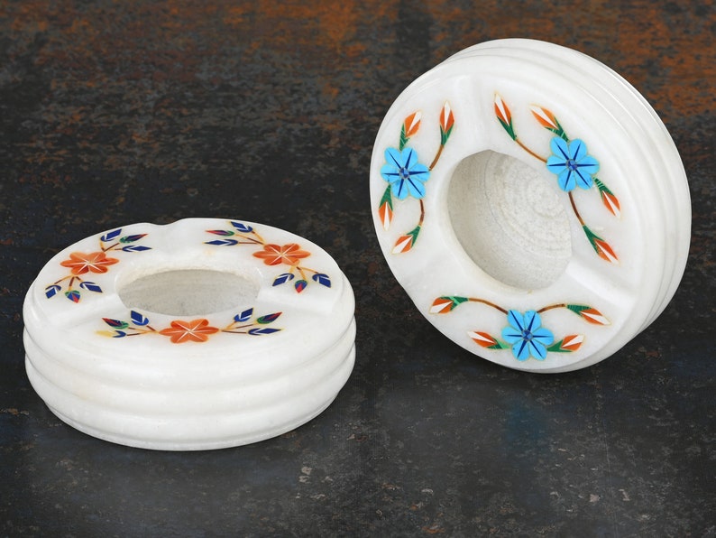 handicraftsInnstore 2 Marble stone inlay round Ash Tray Candle holder 3 x 3 inches