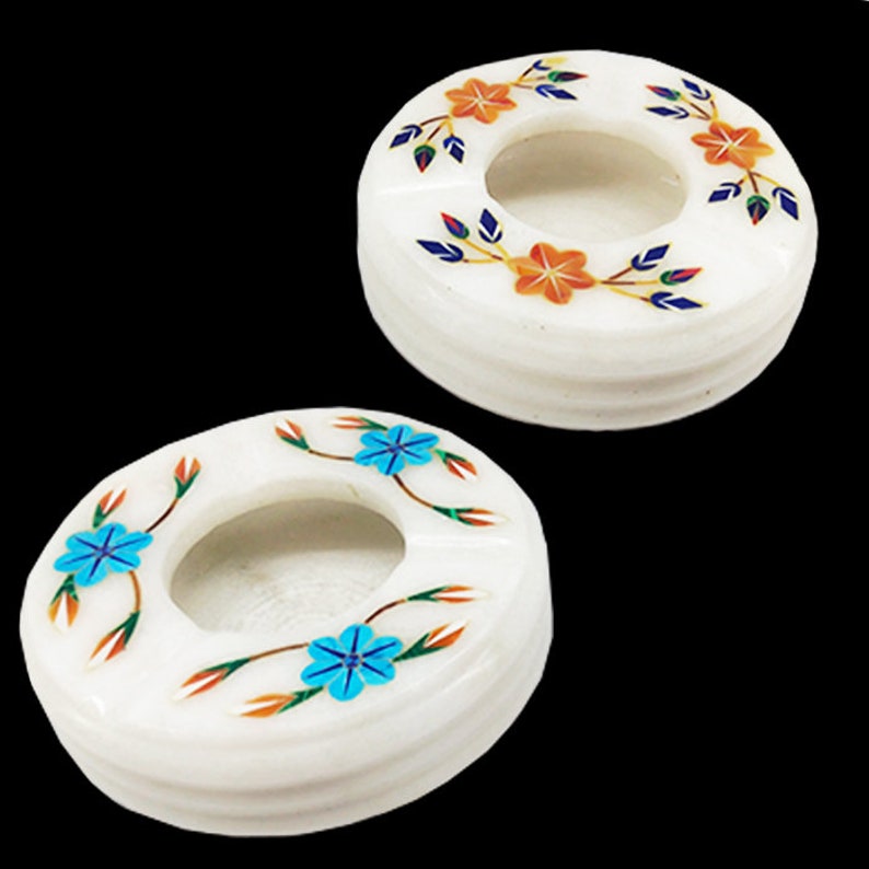 handicraftsInnstore 2 Marble stone inlay round Ash Tray Candle holder 3 x 3 inches