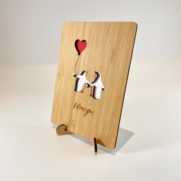 Mothers day card and stand, “I Love You Card” Wooden Penguin gift | valentine gifts for him, Anniversary card, valentines gifts for her