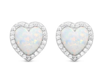 Satinski Sterling Silver 925 Opal Rhodium-Plated Heart Crystal Love Stud Earrings valentines day