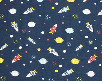 Space rocket Cotton jersey fabric, navy rockets cotton jersey, childrens oeketex cotton jersey