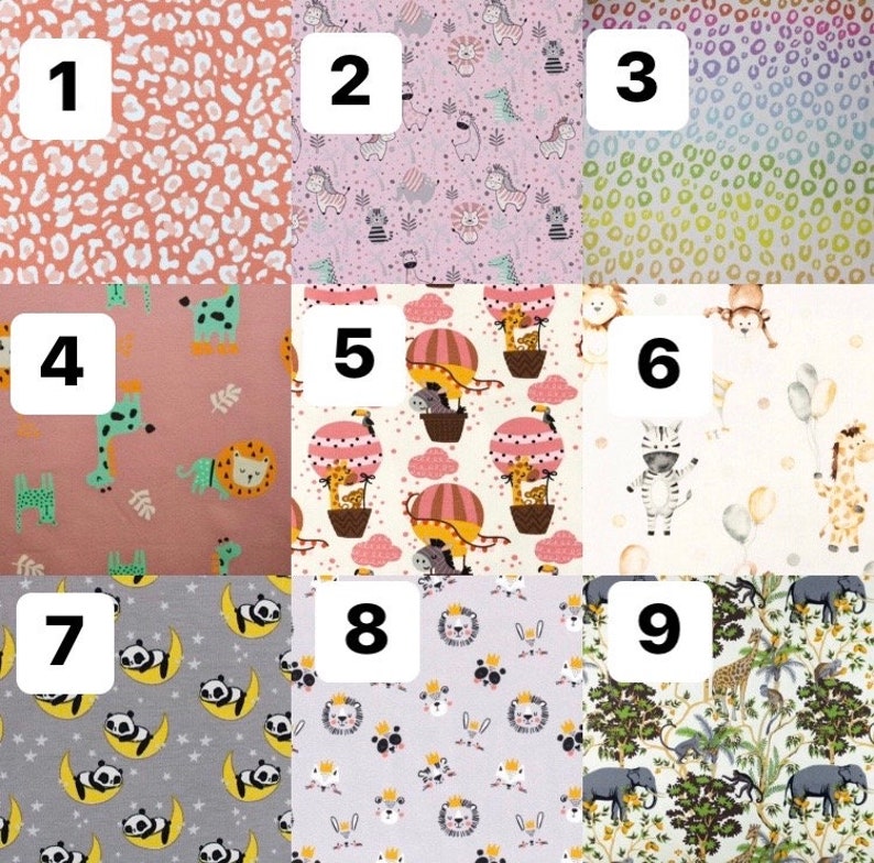 Pode incluir: Nove amostras de tecido com v&aacute;rios padr&otilde;es. Estes incluem estampas de animais, animais de safari, bal&otilde;es de ar quente, pandas em luas e rostos de le&otilde;es. A paleta de cores inclui rosas, verdes, amarelos e cinzas.