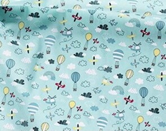 Hot air balloons 100% cotton fabric, mint hot air balloons cotton, childrens cotton fabric