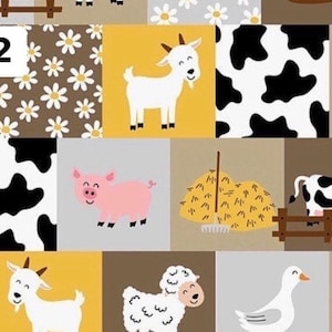 Pode incluir: Um design de patchwork com animais de fazenda e padr&otilde;es florais. O design inclui uma cabra, uma vaca, um porco, uma ovelha e um ganso, juntamente com um monte de feno e uma cerca. O n&uacute;mero "42" est&aacute; em uma caixa branca no canto superior esquerdo.