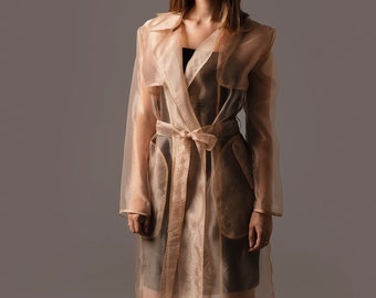 Classic Organza Trench Coat. Fashion design clothes. Belted organza coat.