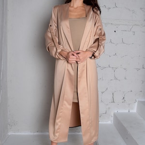 Flounce Sleeve Belted Longline Satin Trench Coat