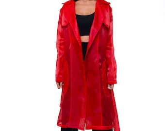 Red Organza Trench Coat. Fashion design clothes. Belted organza coat.