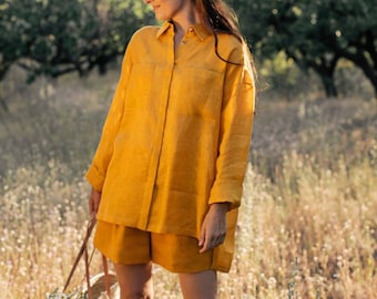 Women’s Organic Linen Kimano shirt and Shorts. Casual classic linen Set. Stylish linen New Collection!