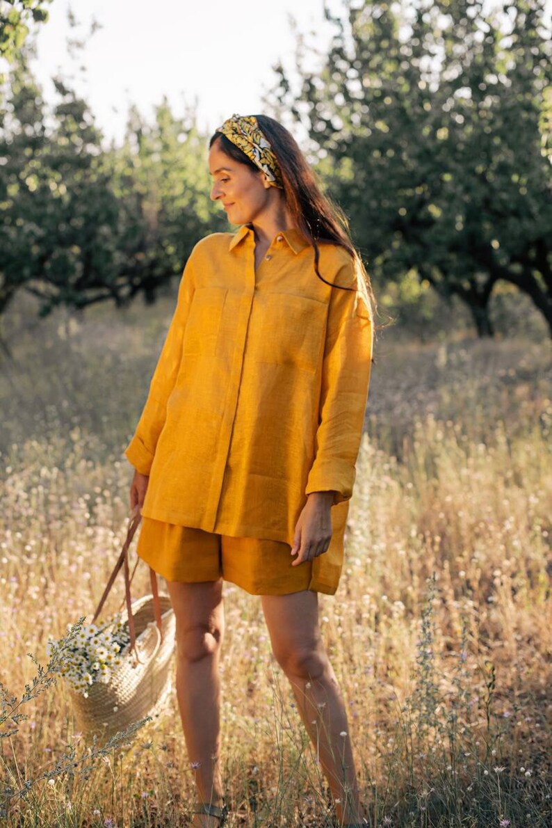 Womens Organic Linen Kimano shirt and Shorts. Casual classic linen Set. Stylish linen New Collection image 2