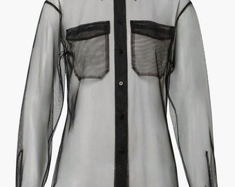 Classic long sleeve silk-organza shirt. Transparent organza stylish shirt.