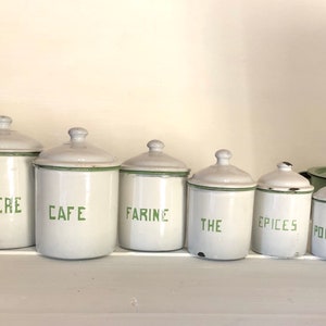 French Vintage Kitchen Enamel Canister Set, Enamel French Kitchen Jars, Green and White French Enamel Kitchen Storage Tins Sucre Cafe Jar