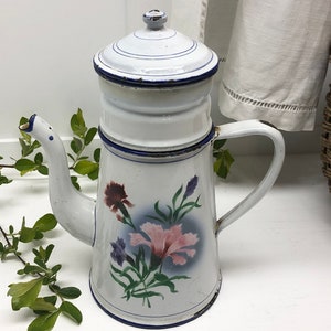 French Vintage White Enamel Coffee Pot Pretty Flower Design, French Enamelware Coffee Pot, Enamel Kitchen Shabby Chic Pot, Vintage Coffeepot