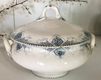 Antique French Tureen: Large Ceramic Serving Bowl, Blue & White