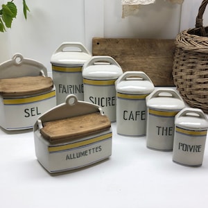 Vintage Franse keramische voorraadpot keukencontainerset, vintage allumettes doos, Franse sel jar keukencollectie