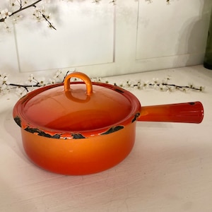 Cute Orange Enamel Pot Vintage Cooking Pan, Kitchen Enamelware, Vintage Cooking Pot Pan With Lid