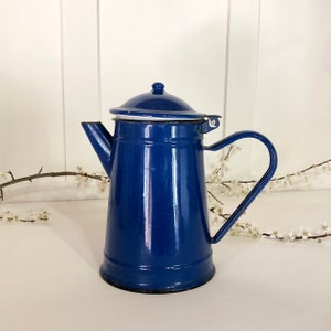 Gorgeous Little Blue Enamel Coffee Pot, French Enamelware Hinged Lidded Coffee Jug, Vintage French Enamel Kitchen Dining Decor