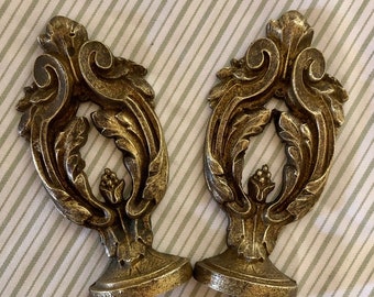 Pair of French Vintage Brass Curtain Finials, Curtain Accessories, Art Nouveau Finials