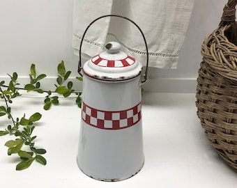 Vintage White & Red Enamel Pot with Lid, Pretty French Vintage White Enamel Jug, White and Red Enamel Kitchen Decor, Rustic Enamel Vase