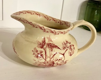 Ironstone Pitcher, Vintage French Earthenware Jug, Floral Red Cream Pitcher, French Vintage Begonia Design Jug, Opaque Porcelaine de Gien