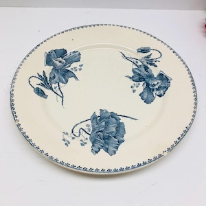 Plato floral francés vintage de loza azul y blanca, plato francés de piedra de hierro de Sarreguemines