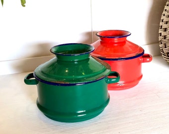 Pot émaillé vert et rouge vintage avec couvercle, casserole émaillée avec poignées et couvercle, décoration de cuisine française, pots émaillés