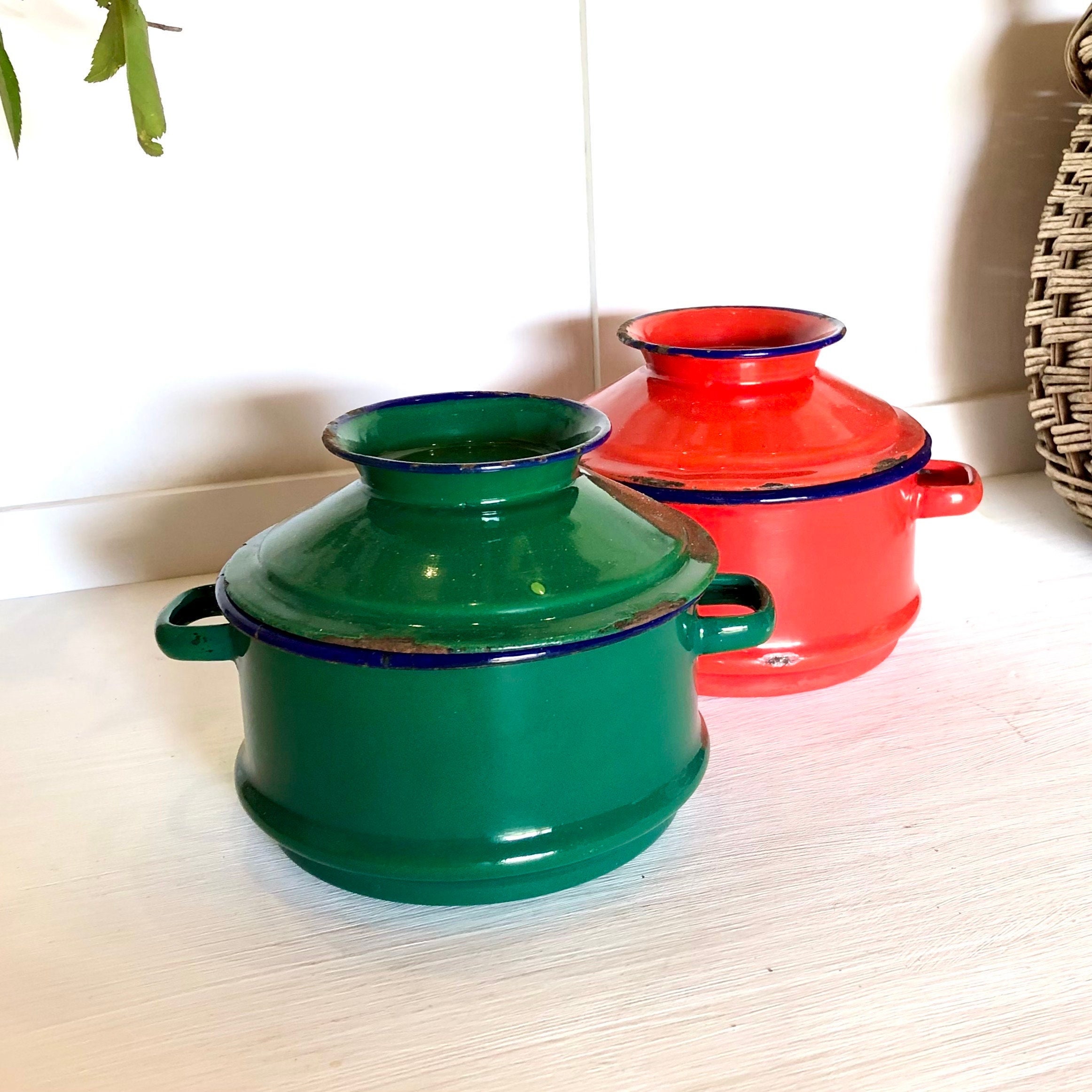 フランス アンティーク ホーロー ミルク ボイラー ポット クリームグリーン