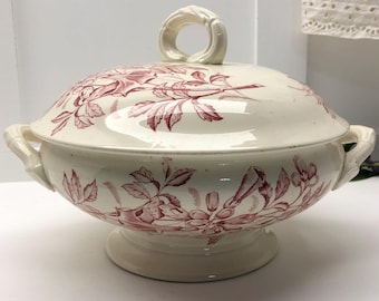 Antique French Tureen: Large Ceramic Serving Bowl, Pink & Cream