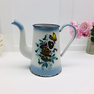 French Vintage White Enamel Jug Pretty Flower Design, French Enamelware Coffee Pot, Enamel Kitchen Shabby Chic Pot, Vintage Coffeepot
