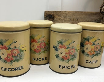 Ensemble de bidons de cuisine en métal vintage Français, boîtes de rangement de cuisine française, boîtes de rangement de cuisine française Pot de café Sucre