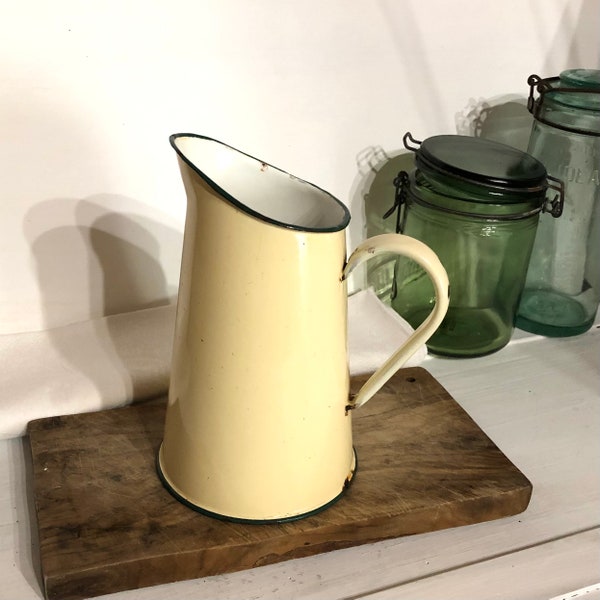 Cream Enamel Pitcher Jug, French Vintage Enamel Jug, French Enamelware Jug