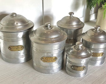 Ensemble de bidons de cuisine français vintage, bocaux de cuisine français en aluminium, boîtes de rangement de cuisine en métal, ensemble de récipients de bidon français avec couvercles