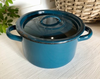 Vintage Blue Enamel Pot with Lid, French Enamel Pan with Handles and Lid, French Kitchen Decor