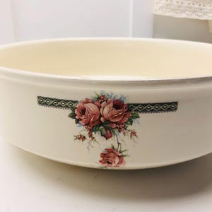 French Vintage Bowl, Large Ceramic French Bowl, Large Deep Salad Fruit Bowl, Vintage Serving Dish, Cream and Pink flowers Floral Bowl