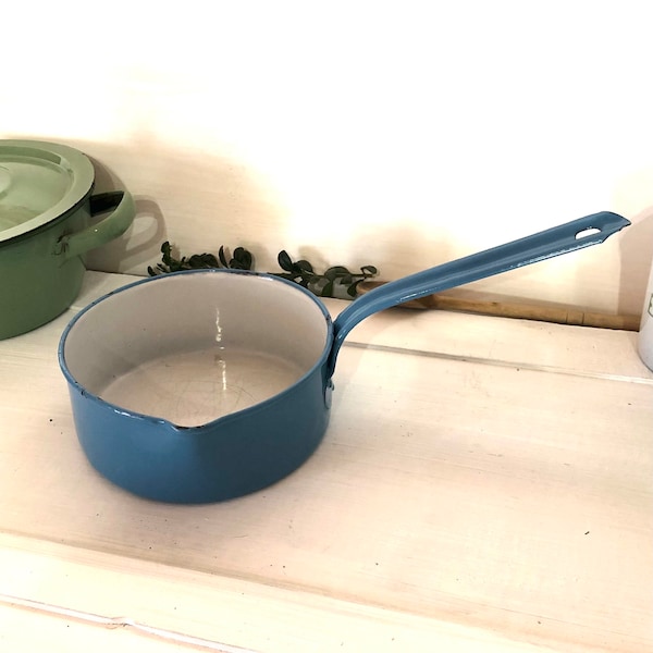 French Vintage Blue Enamel Saucepan, Vintage milk pan blue and white enamel, French vintage kitchen decor