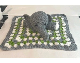 Crochet Knitted Security Blanket Elephant 15”x 15” Handmade Grey & Green White