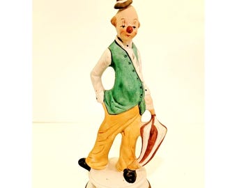 6" Classic Circus Clown Vest Striped Tie And Umbrella Figurine Ceramic Vintage
