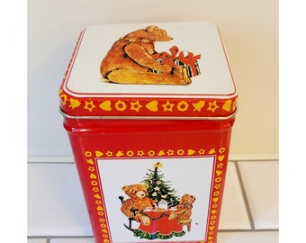 Vintage Teddy Bear Christmas Tin Box with Lid 4 x 3 inches Red Green White