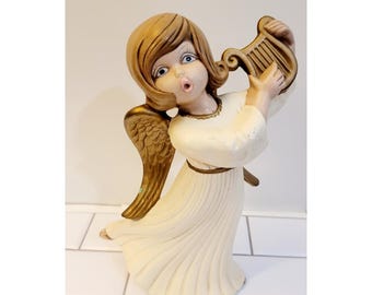 Hand Painted Ceramic Angel Harp Figurine (1975) 12" Ivory Gold