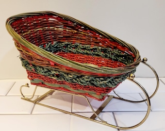 Vintage Christmas Sleigh Basket Wicker Woven Gold Metal Rails Red Green 10”