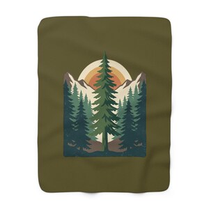 Retro Mountain Pines Sherpa Blanket | Forest Sunset Throw