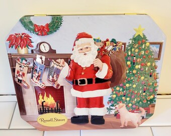 Russell Stover Candies Candy Tin Box Hinge Lid Santa Christmas Tree Toys Puppy
