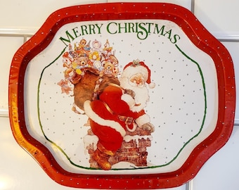 Vintage 1992 Giftco Small Christmas Metal Serving Tray Red and White