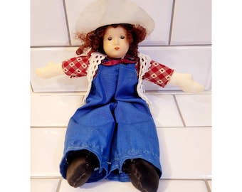 Cowgirl Doll 10" inch Cowboy Hat Handmade Porcelain Face Overalls Red Hair