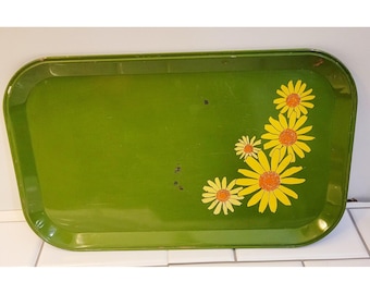 Vintage MCM Green Metal Serving Tray Daisies 60’s 70’s MOD Han-D Tray