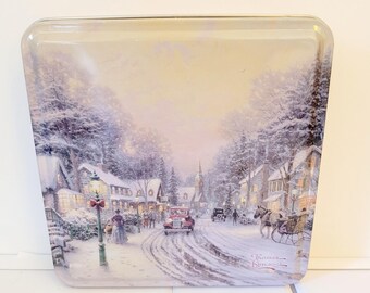 Thomas Kinkade  Christmas Holiday Tin Box 6x6 Christmas Village 1997