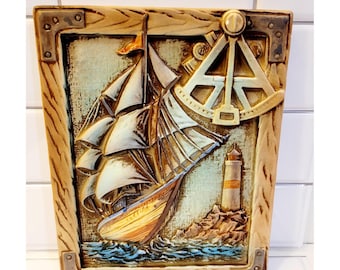 Lefton Ceramic Sail Ship Wall hanging Nautical Decor Vintage Colored