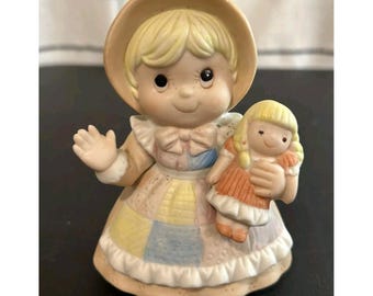 HOMCO Ceramic Little Girl Holding Doll Figurine Vintage 4"