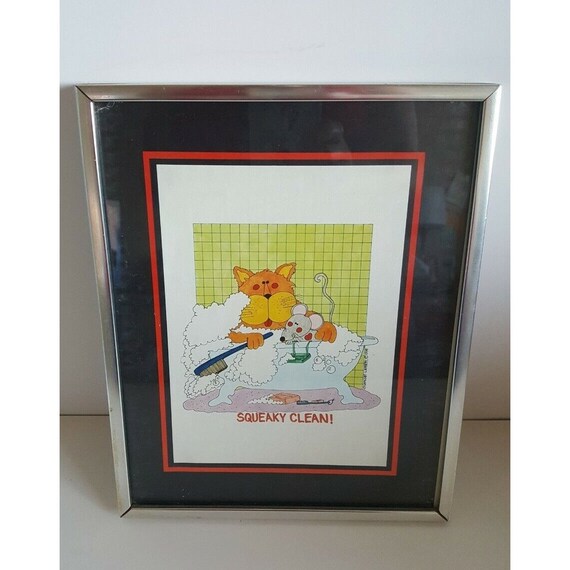 Vintage Cat Art Metal Frame Squeaky Clean Bathtub Picture Etsy