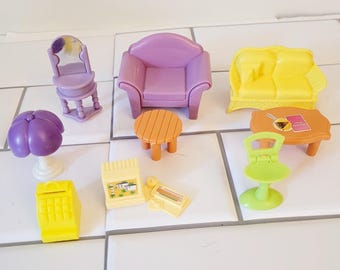Mixed Lot of Dollhouse Furniture Plastic Purple Yellow 9 Pieces Couch Armchair